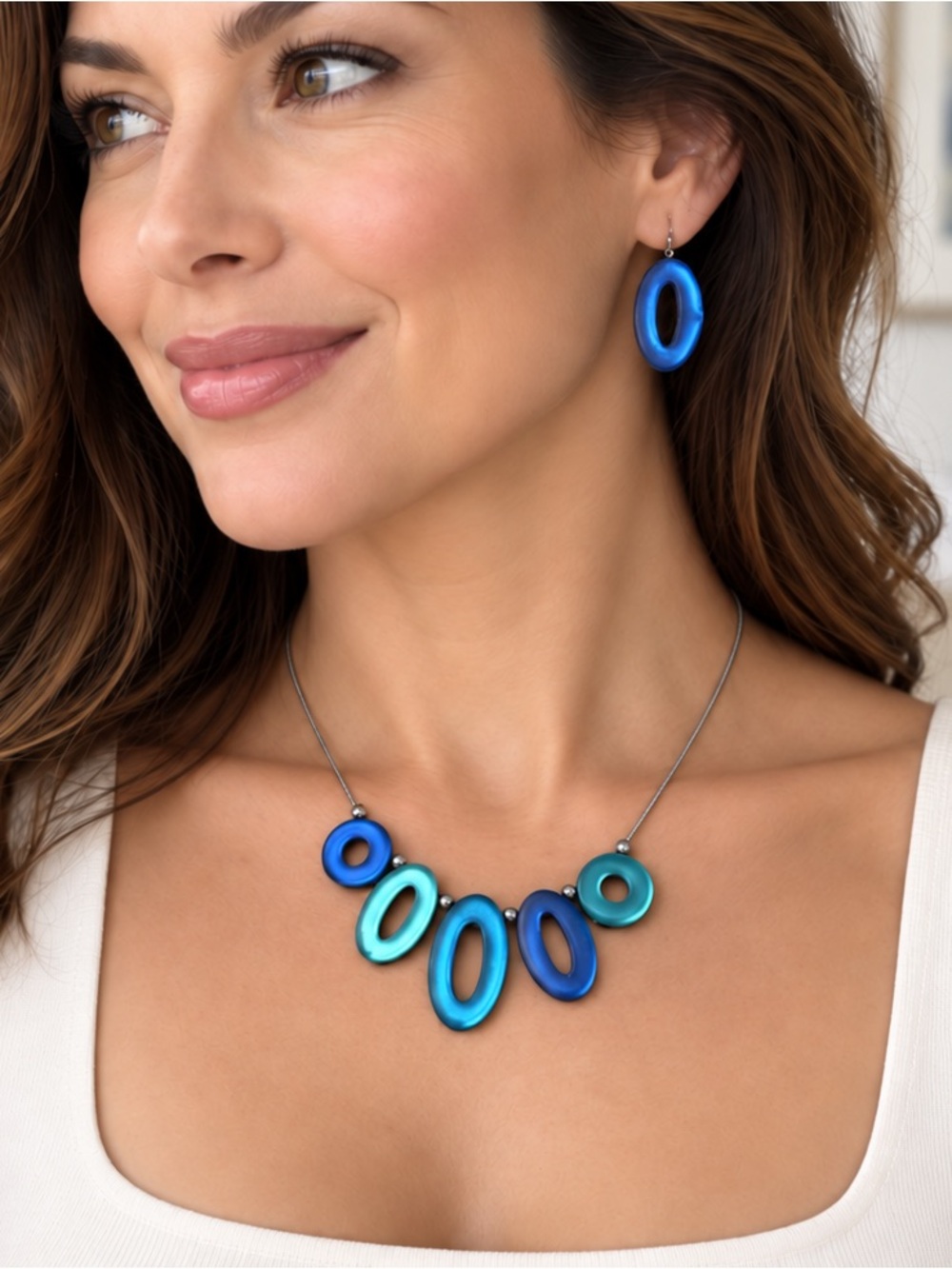 Blue Teal Statement Necklace & 2 Pair Earring Set